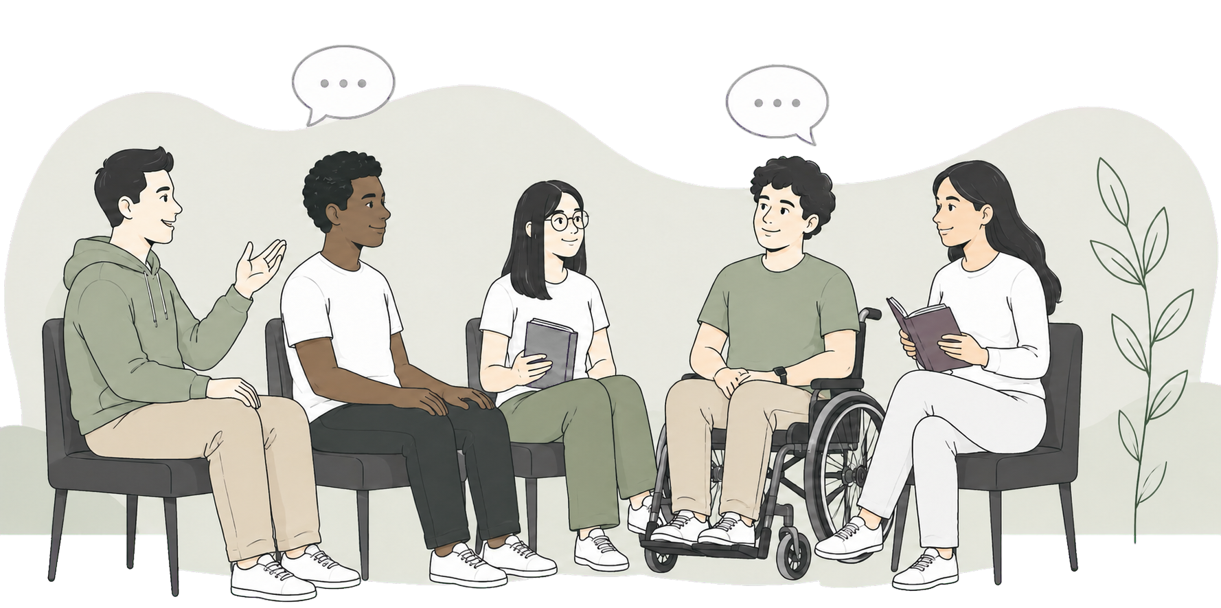 Ilustração de jovens conversando em uma roda de leitura
